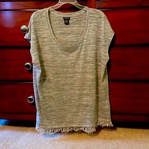 Marbled gray light sweater/shirt with lacy white. Scoop neck with short sleeves.